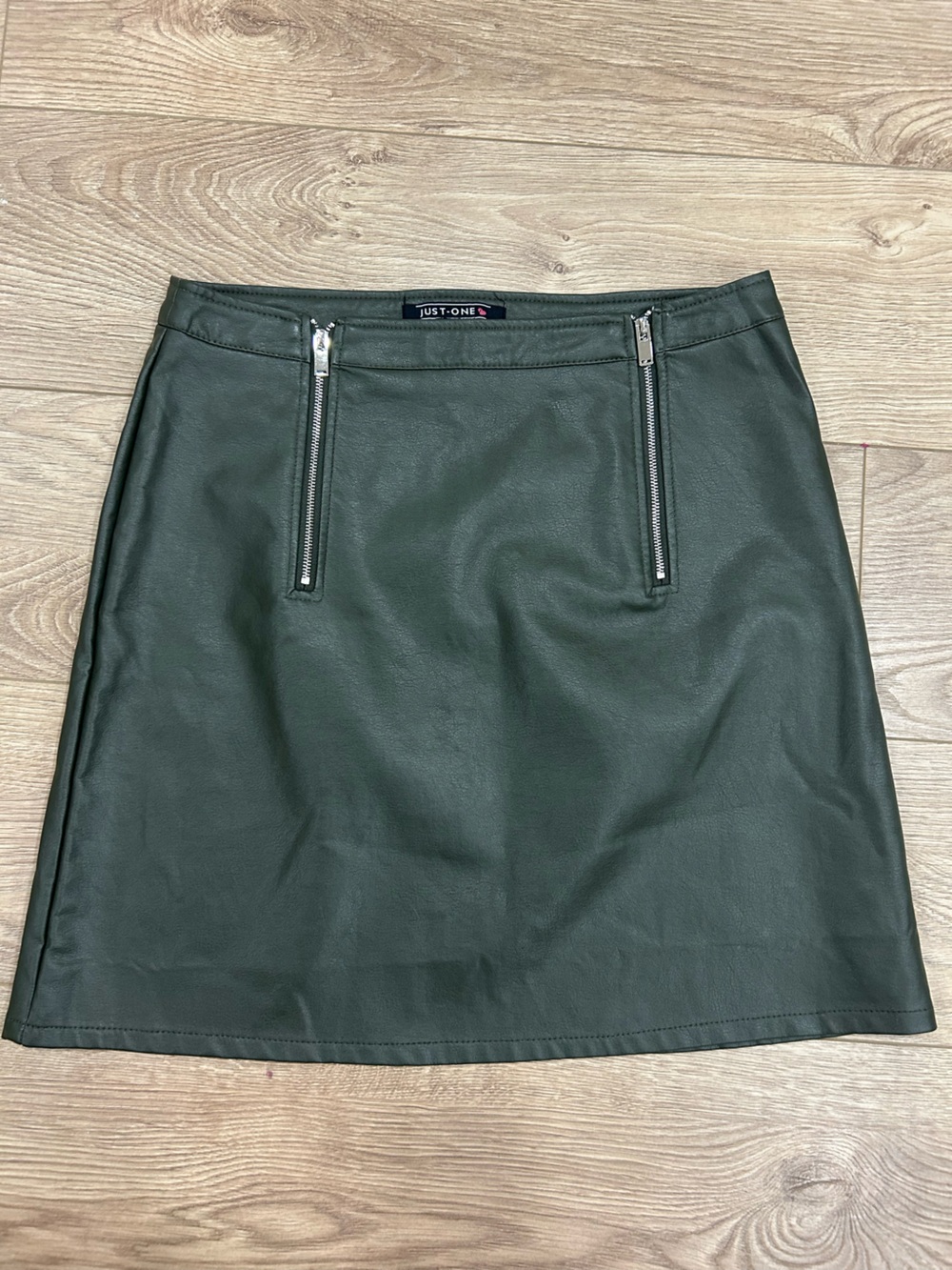 JUST ONE Dark Green Faux Leather Pencil Skirt with Front Zips